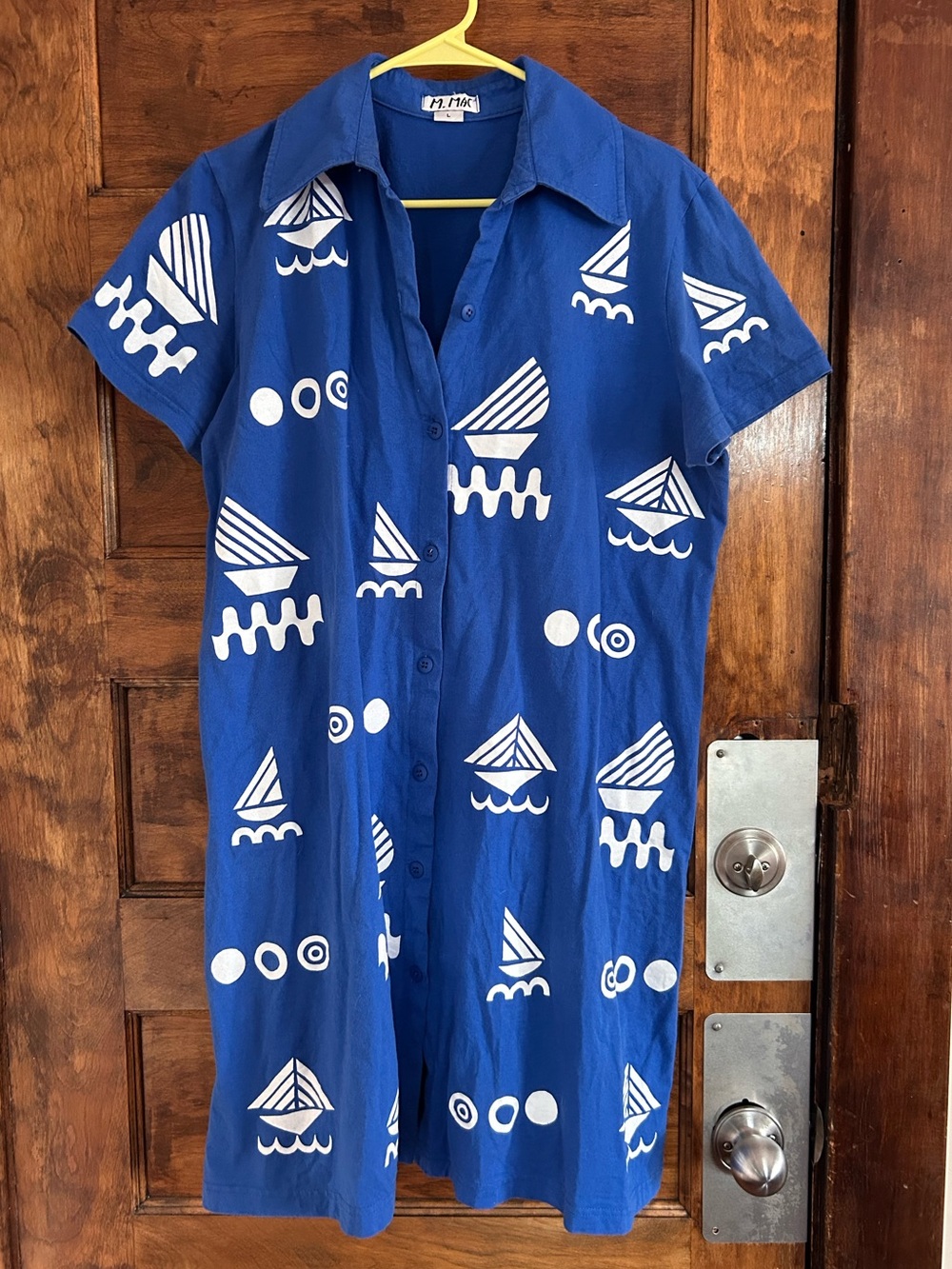 Vintage Cotton Sailboat Print Short-Sleeve Shirt Dress